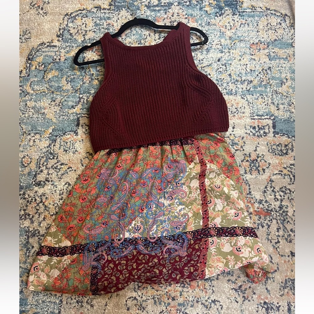 ENTRO Womens Dress Size M Crochet Top Red And Floral Print Tie Back Sweater Top